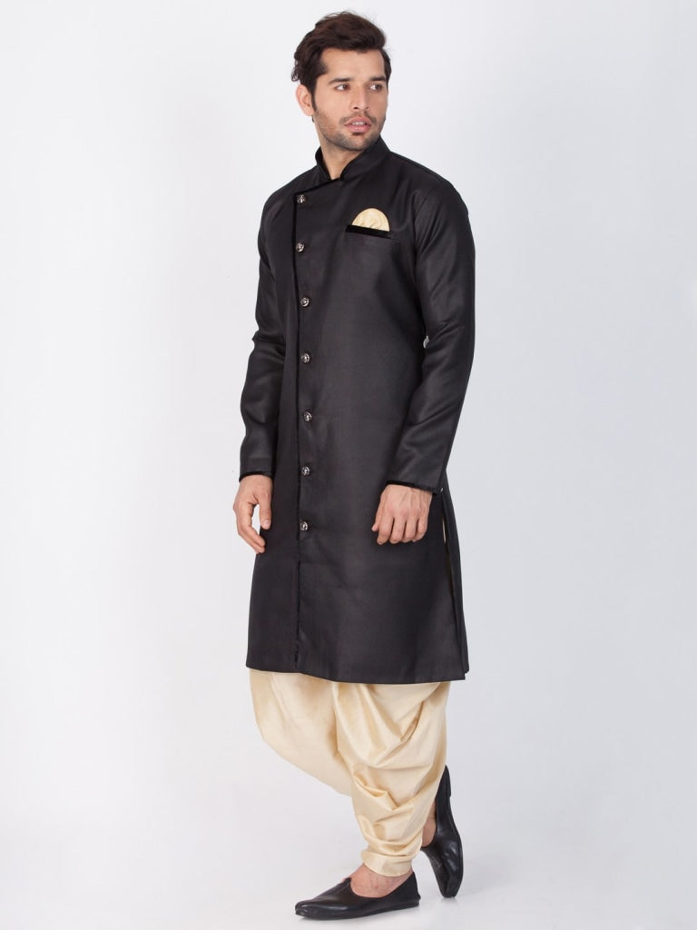 Vastramay Cotton Blend Black Baap Beta Sherwani Set - PUSHMYCART