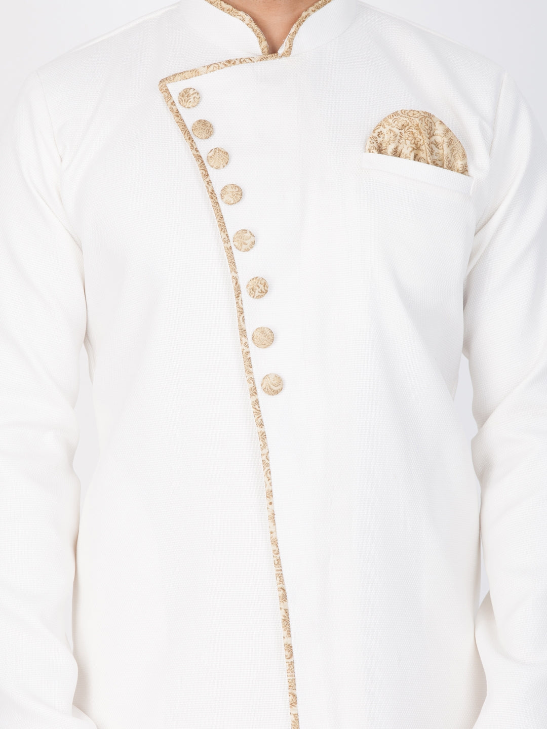 Vastramay Men's White And Gold Cotton Blend Sherwani Set - PUSHMYCART