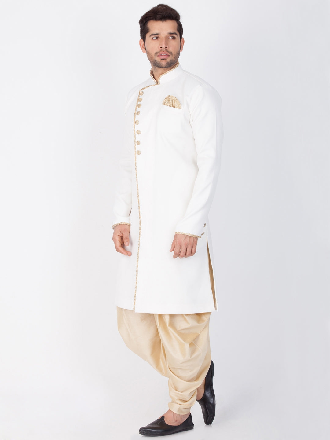 Vastramay Men's White And Gold Cotton Blend Sherwani Set - PUSHMYCART