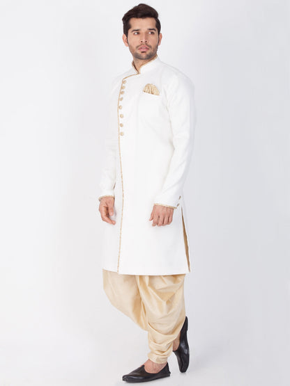 Vastramay Men's White And Gold Cotton Blend Sherwani Set - PUSHMYCART