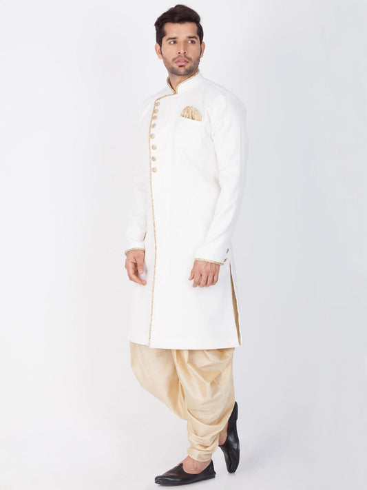 Vastramay Men's White And Gold Cotton Blend Sherwani Set - PUSHMYCART