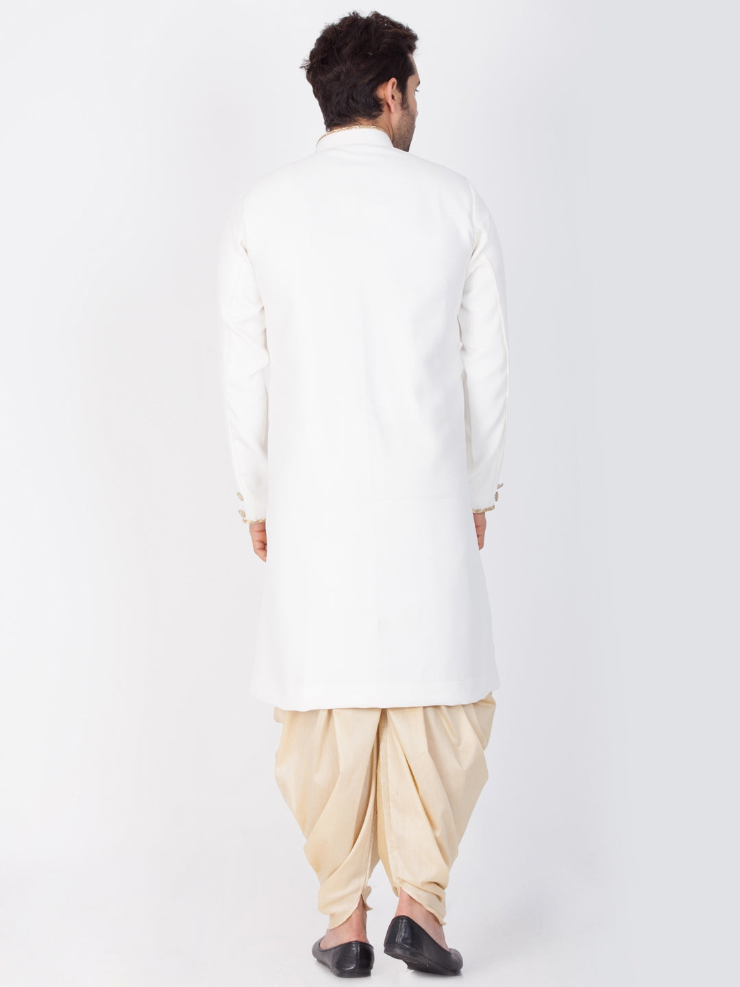 Vastramay Men's White And Gold Cotton Blend Sherwani Set - PUSHMYCART