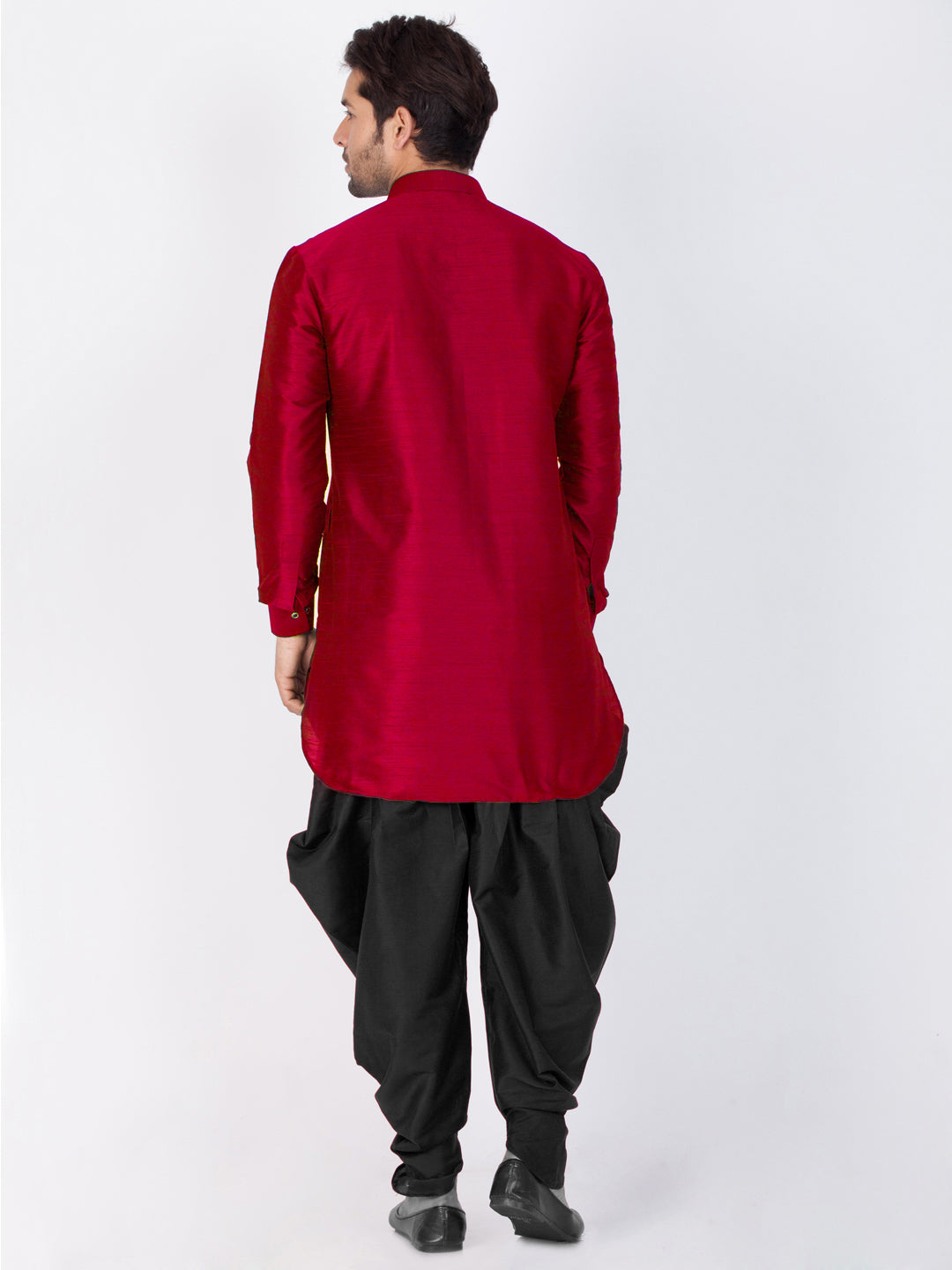 Vastramay Men's Maroon Silk Blend Curved Kurta Dhoti Set - PUSHMYCART