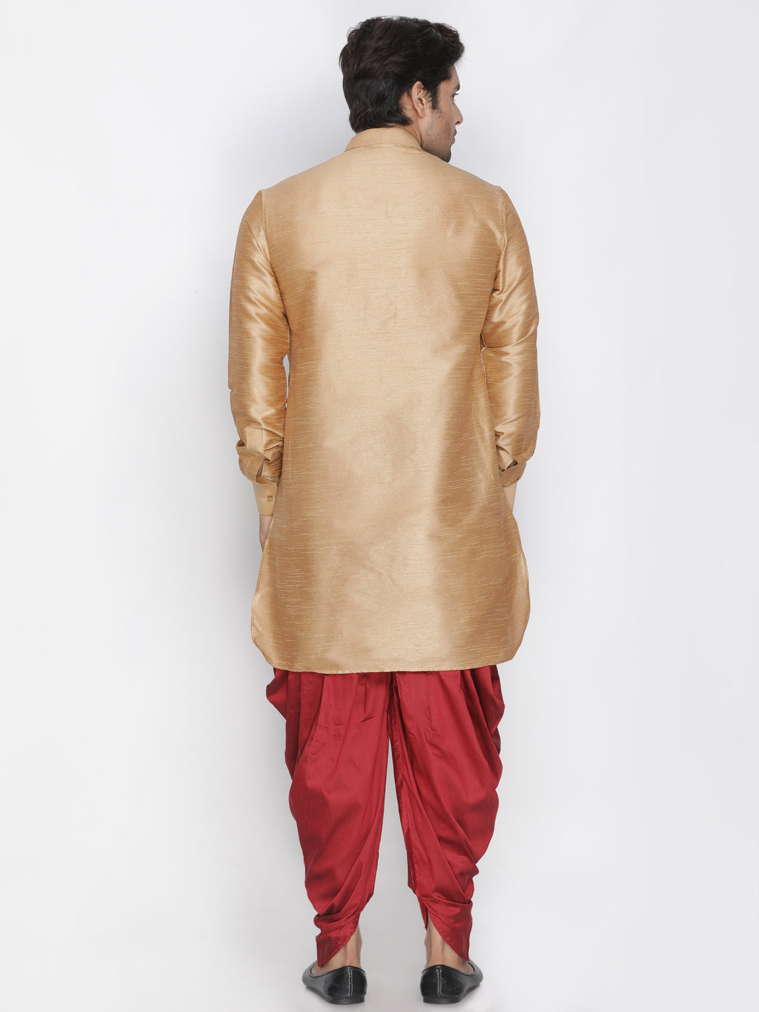 Vastramay Vastramay Men's Rose Gold Silk Blend Curved Kurta Dhoti Set - PUSHMYCART