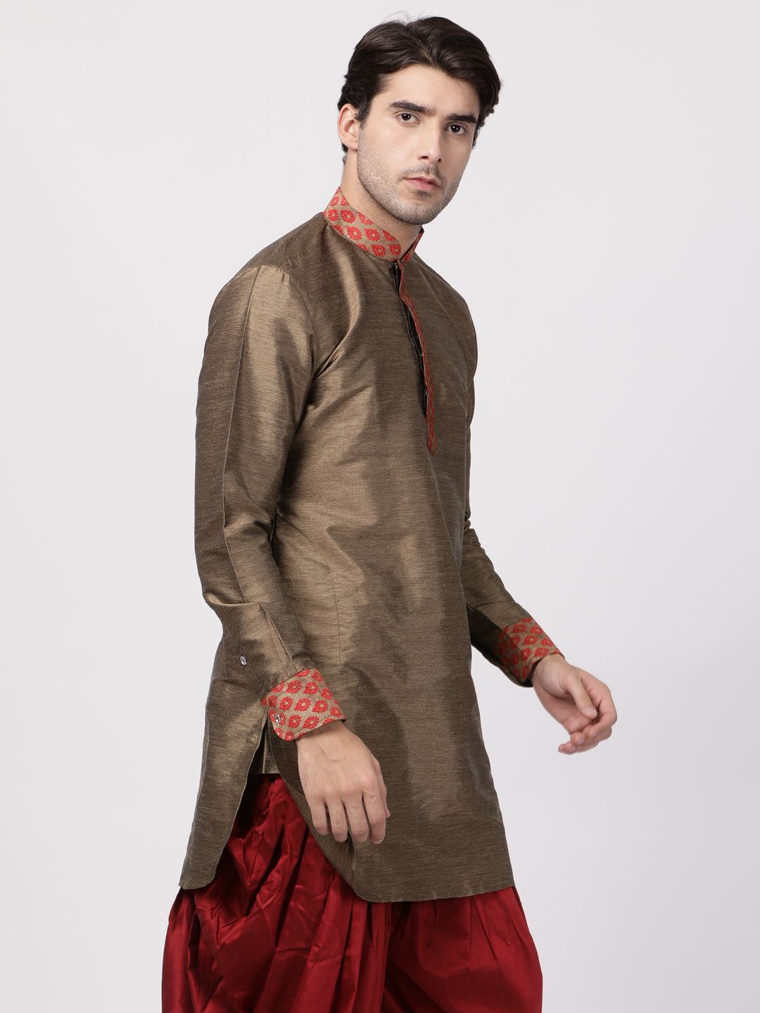 Vastramay Men's Bronze and Maroon Toned Silk Blend Kurta - PUSHMYCART
