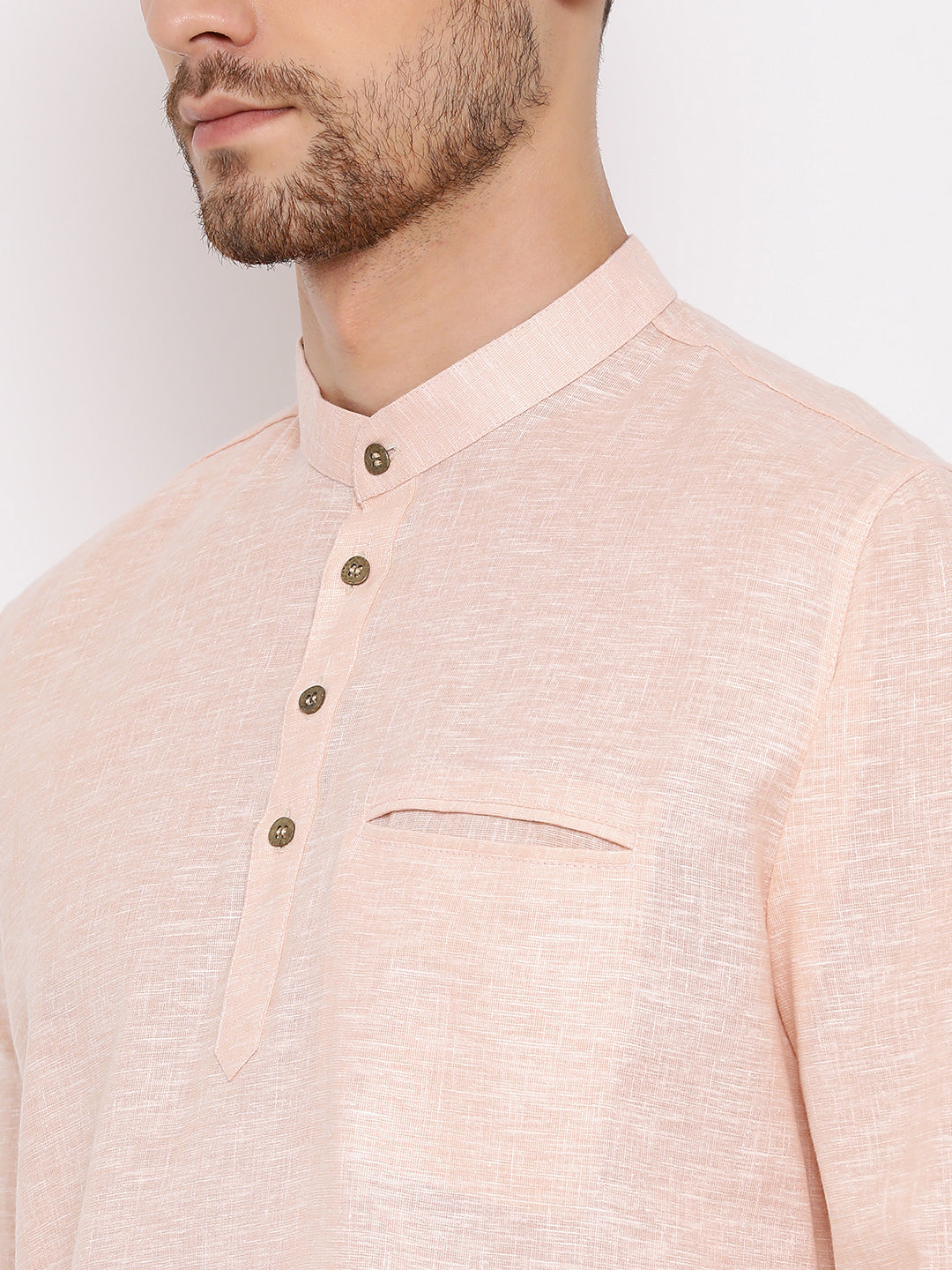 Vastramay Men's Peach Cotton Blend Short Kurta - PUSHMYCART