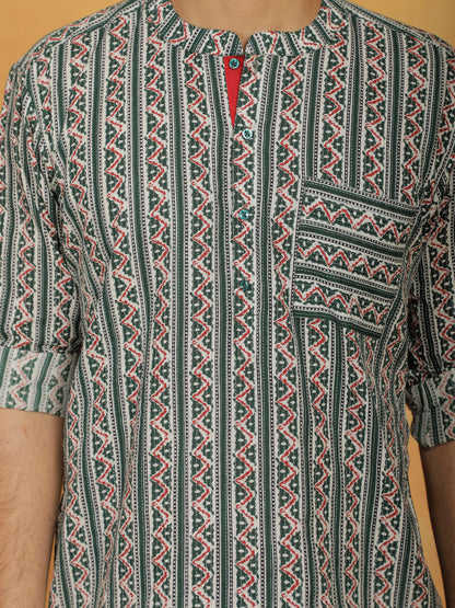 vastramay mens green cotton short kurta