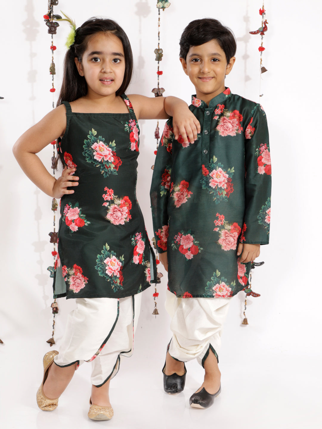 vastramay green floral printed cotton silk siblings set
