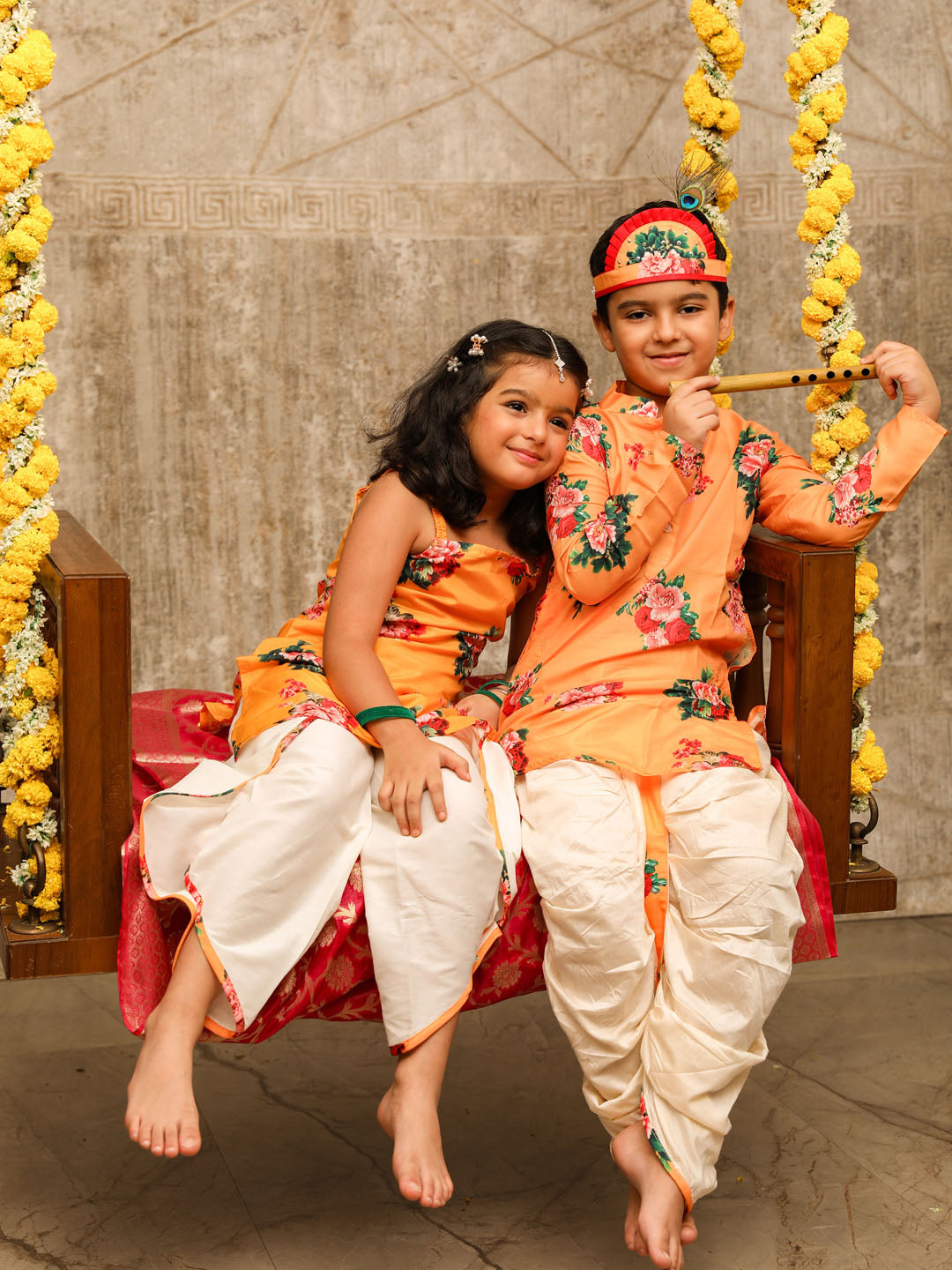 vastramay yellow floral printed cotton silk siblings set