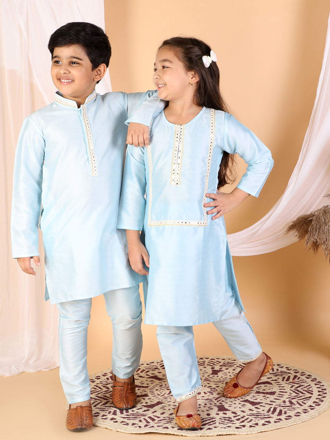 Vastramay Aqua Viscose Kurta Pyjama Siblings Set - PUSHMYCART