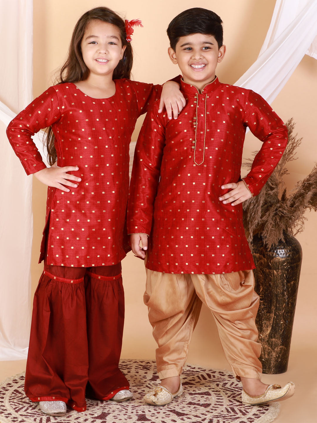 Vastramay Silk Blend Maroon Woven Sibling Set - PUSHMYCART