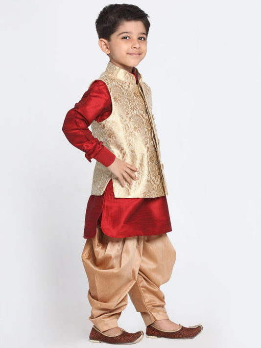 VASTRAMAY Boys' Gold Cotton Silk Blend Ethnic Jacket, Maroon Kurta and Dhoti Pant Set - PUSHMYCART