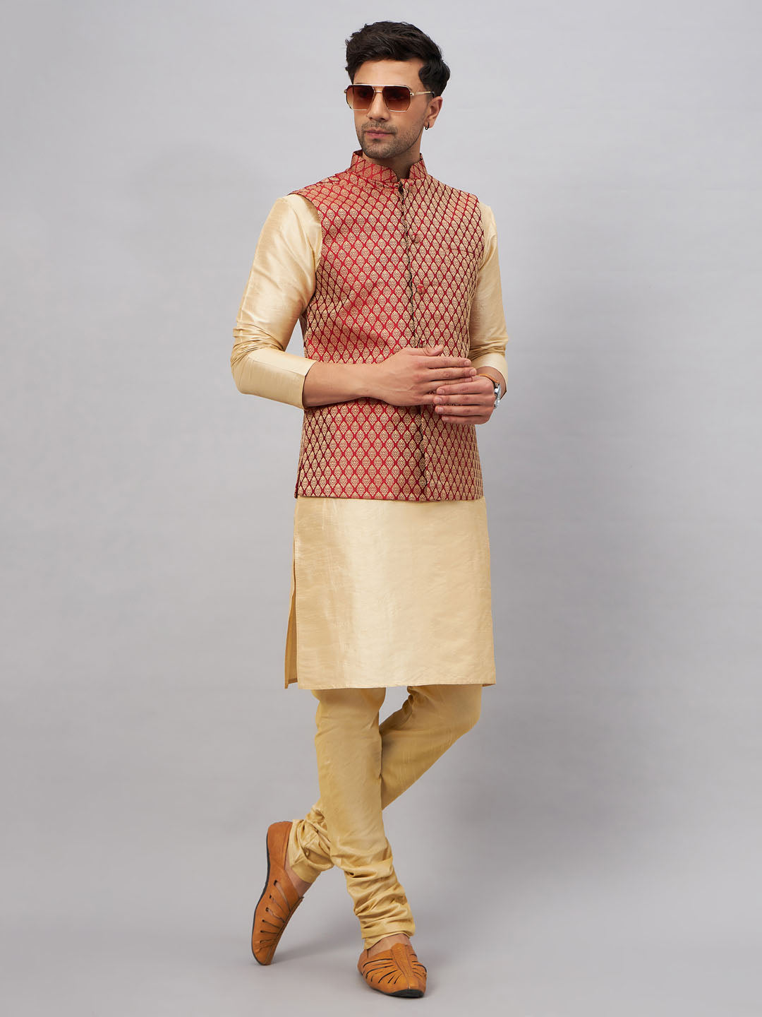vastramay mens maroon ethnic jacket with gold silk blend kurta pyjama set
