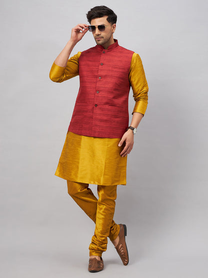 Vastramay Men's Maroon Jacket With Mustard Kurta And Pyjama Set - PUSHMYCART