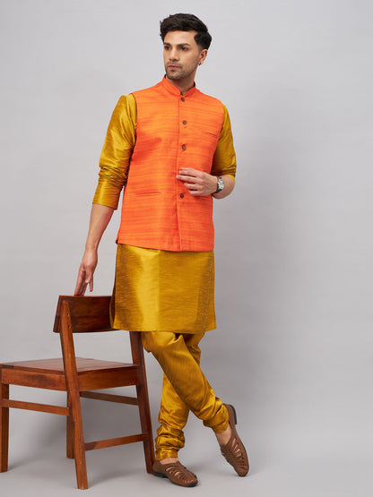 vastramay mens orange jacket with mustard kurta and pyjama set