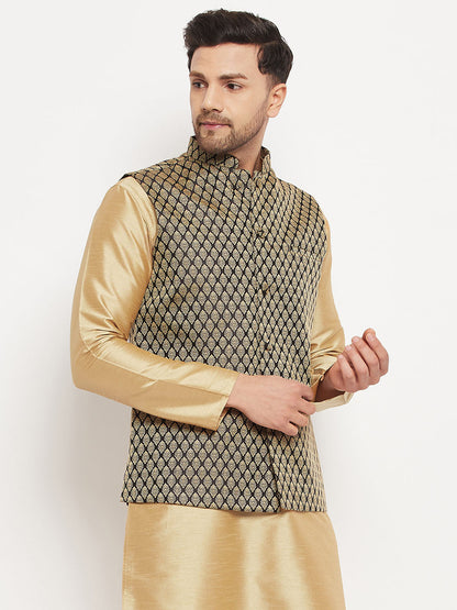 VM BY VASTRAMAY Men's Black Cotton Silk Blend Ethnic Jacket - PUSHMYCART