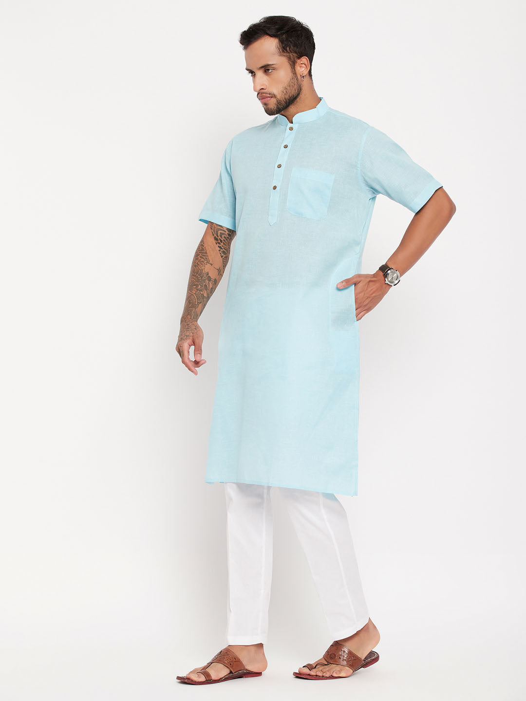 Vastramay mens aqua blue solid kurta with white pant style pyjama set