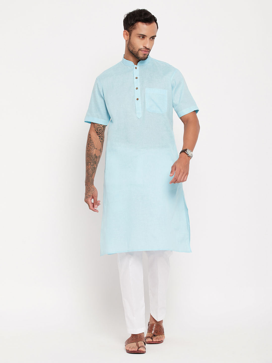 Vastramay mens aqua blue solid kurta with white pant style pyjama set