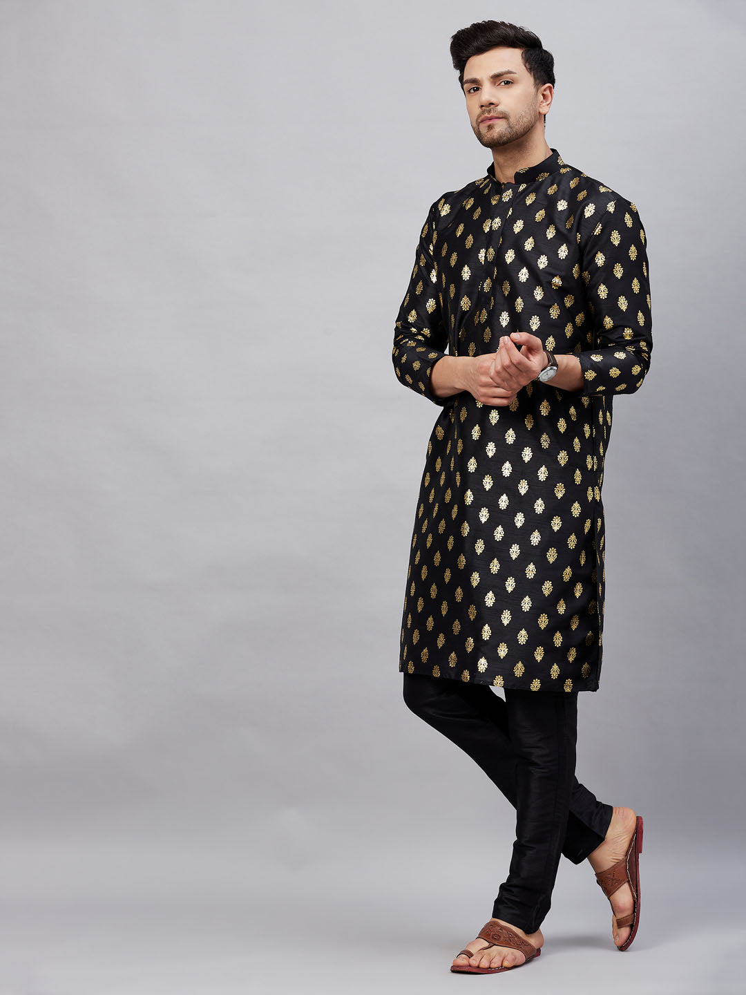 vastramay mens black foil printed silk blend kurta and solid pant style pyjama set