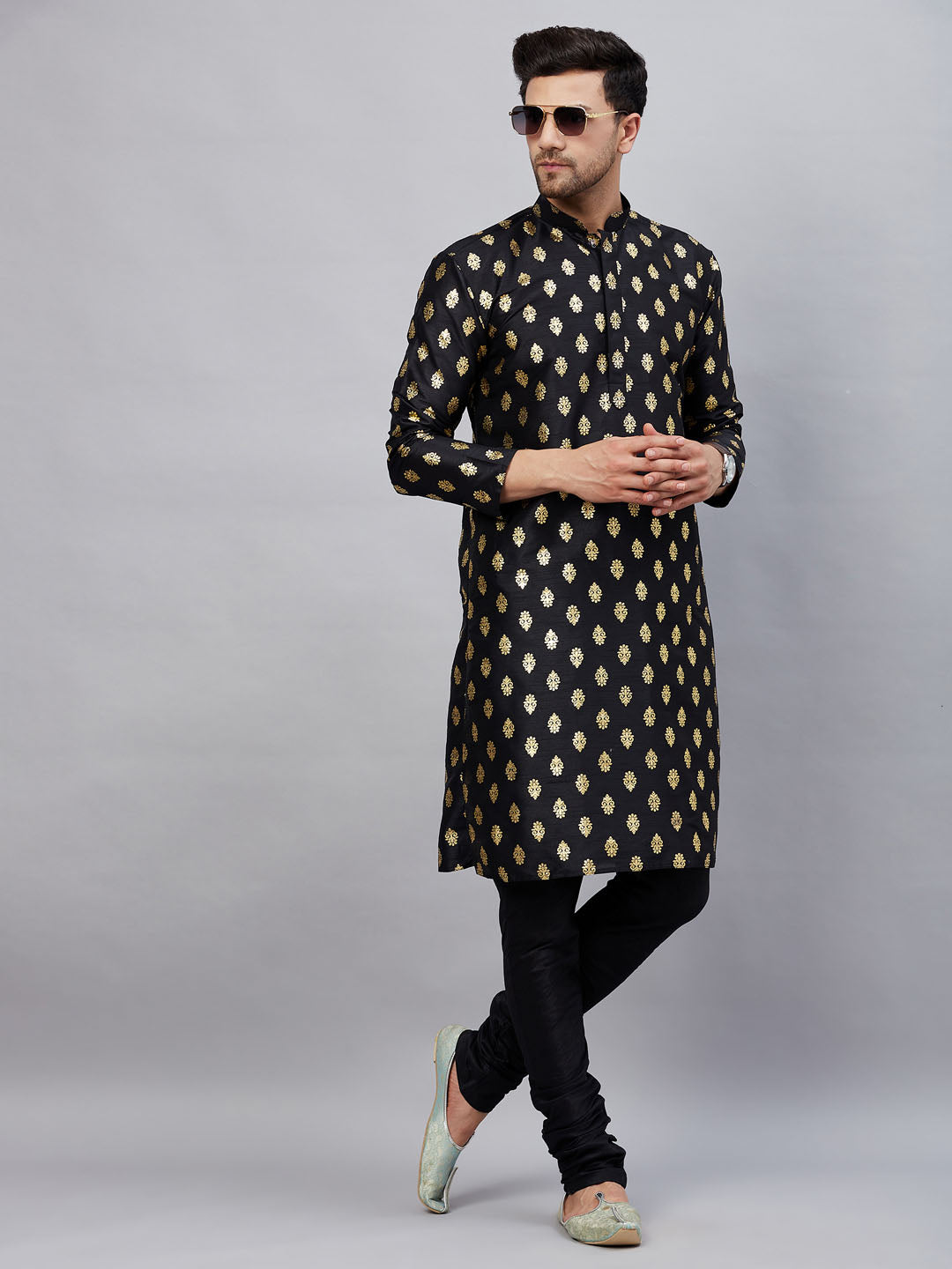 vastramay mens black foil printed silk blend kurta and solid pyjama set