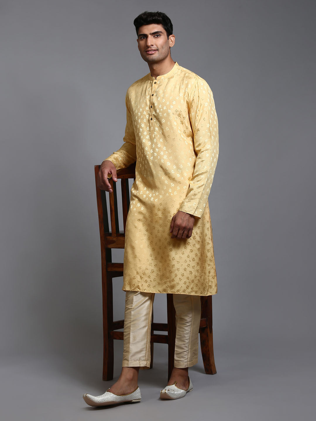 vastramay mens yellow jacquard kurta