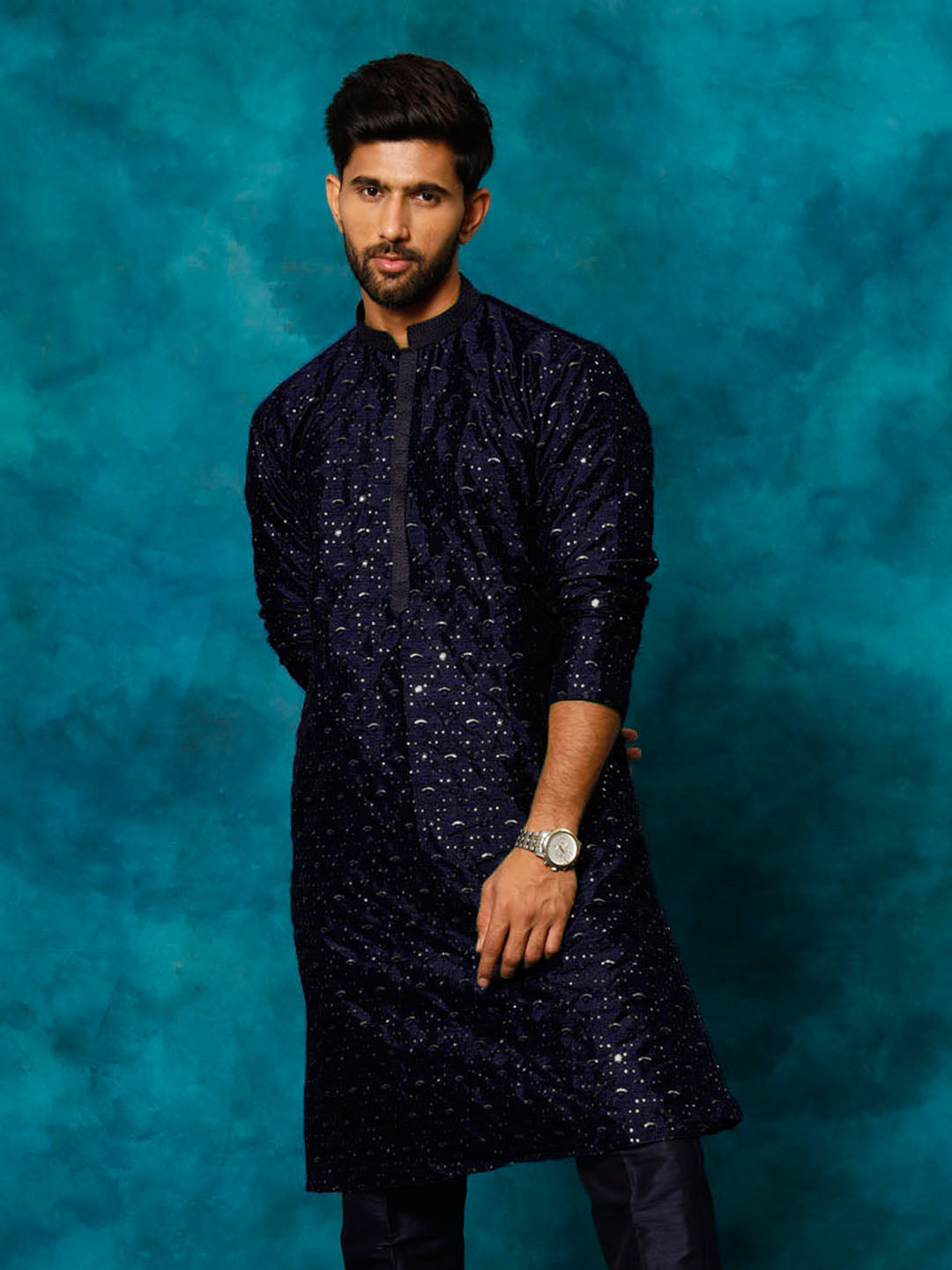 vm mens blue silk blend embellished kurta