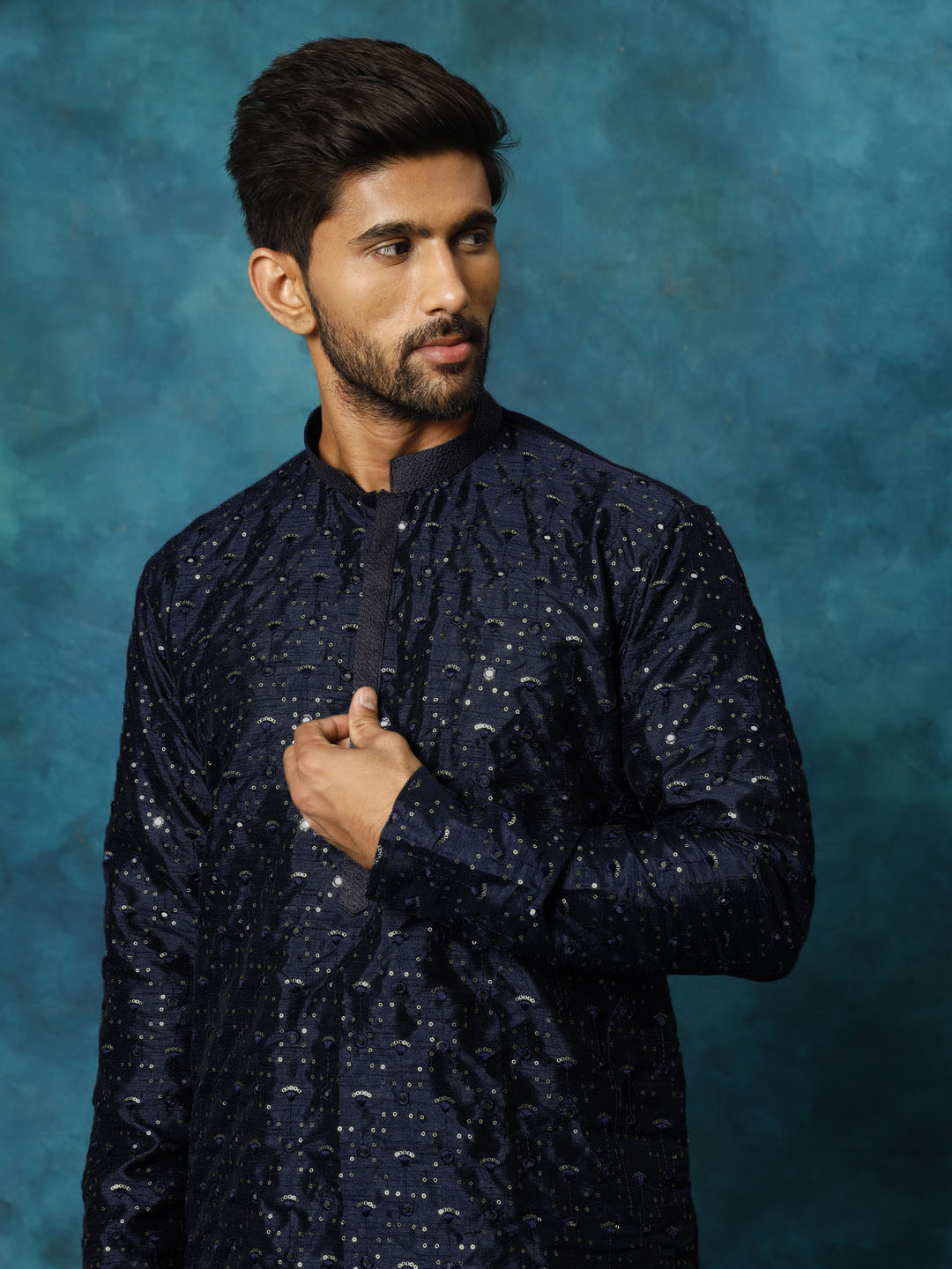 vm mens blue silk blend embellished kurta