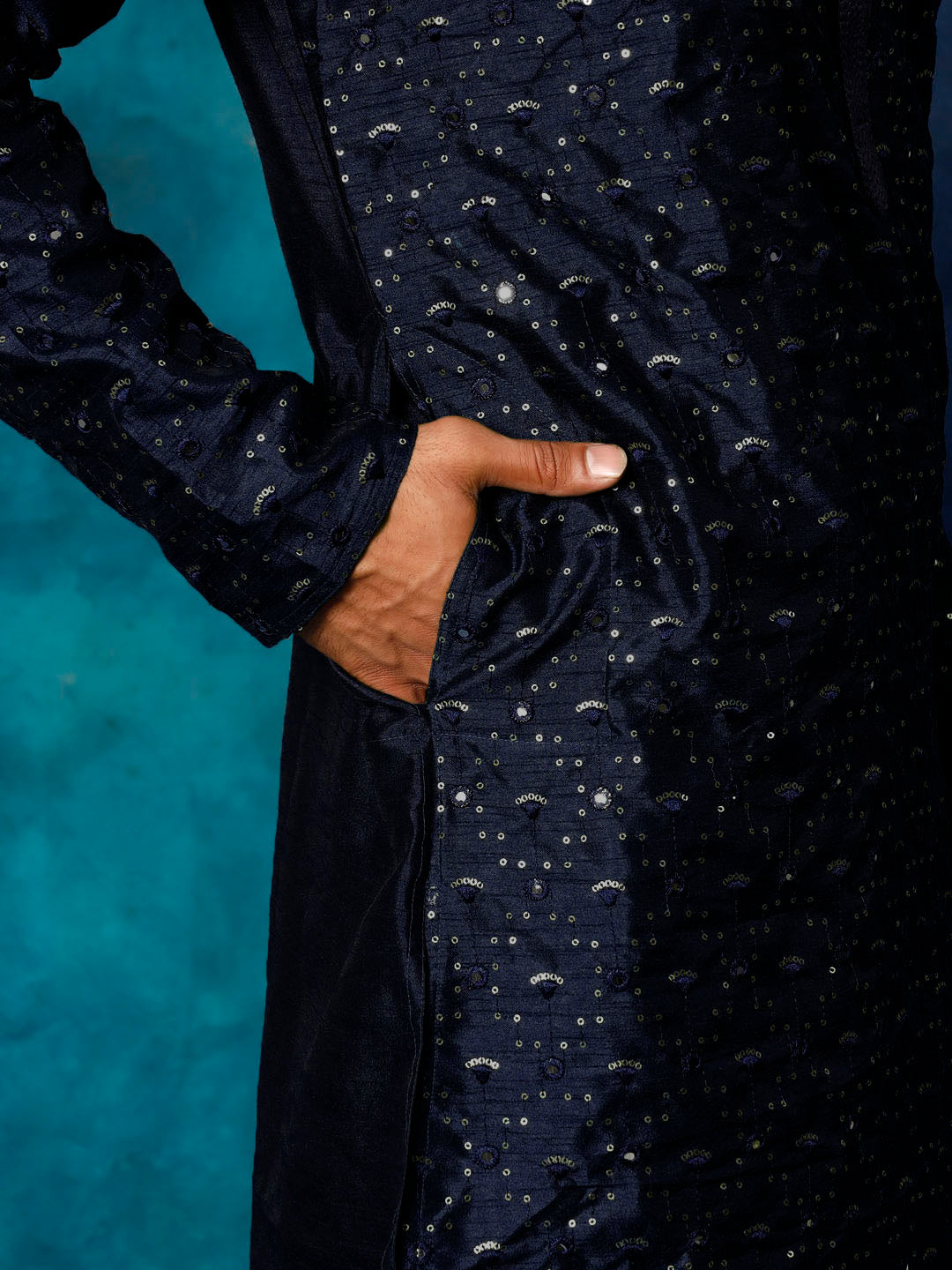 vm mens blue silk blend embellished kurta