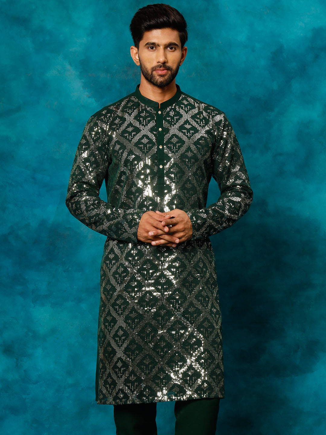 vastramay mens green georgette kurta