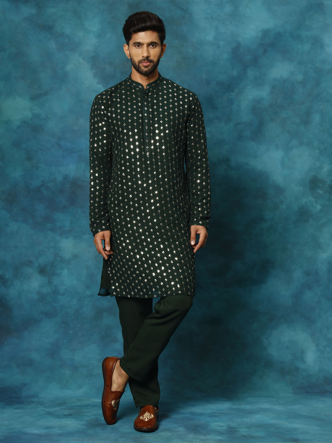 vastramay mens green georgette kurta 1