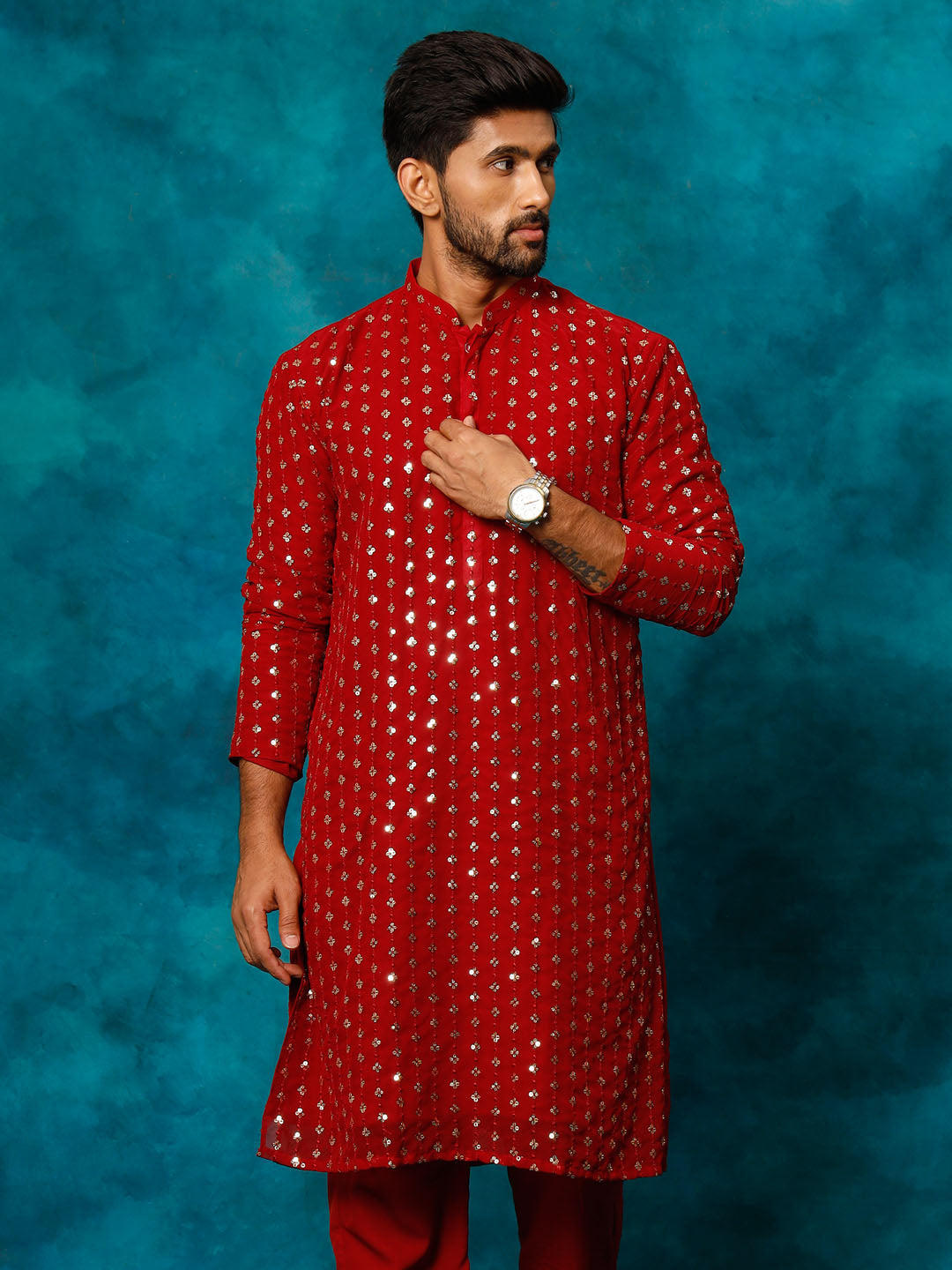 vastramay mens maroon georgette kurta 1