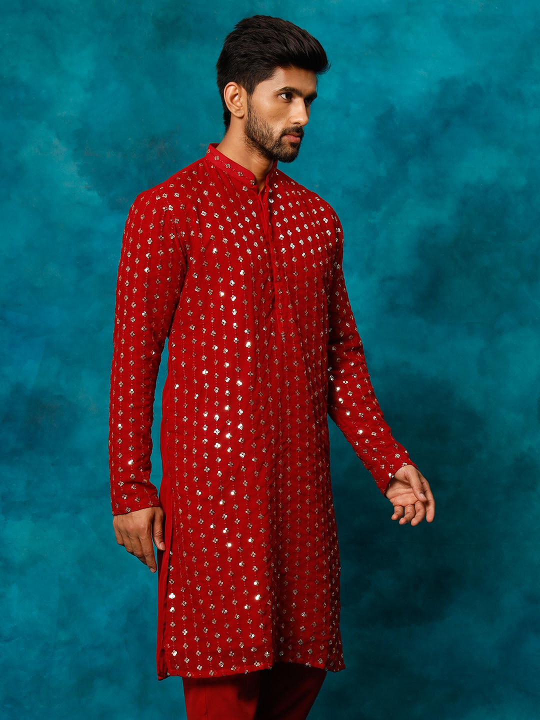 vastramay mens maroon georgette kurta 1