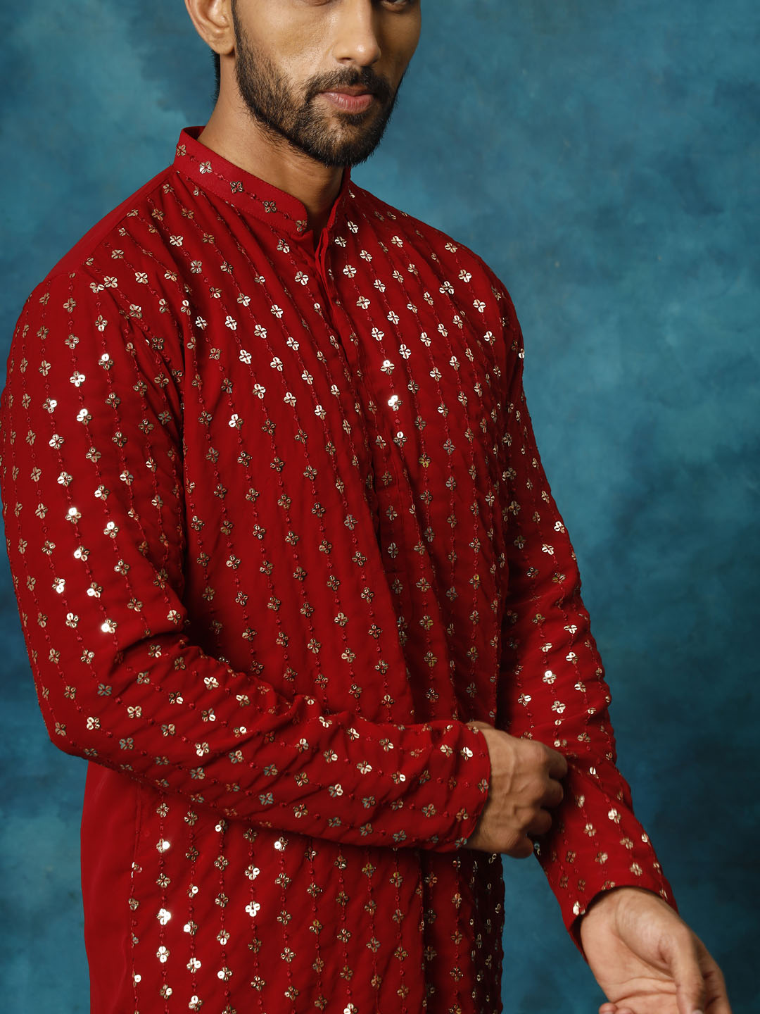 vastramay mens maroon georgette kurta 1