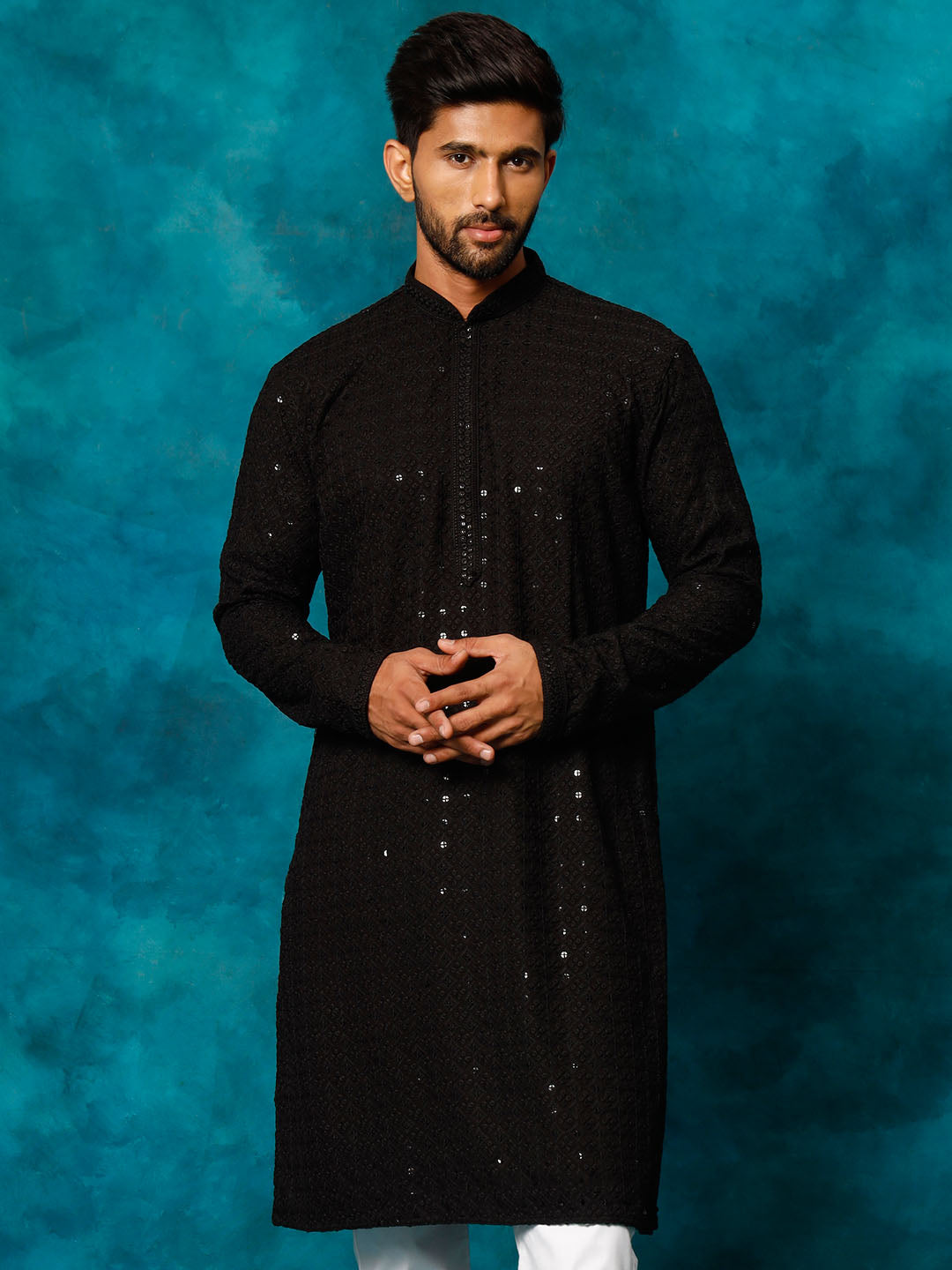 vastramay mens black rayon sifli kurta
