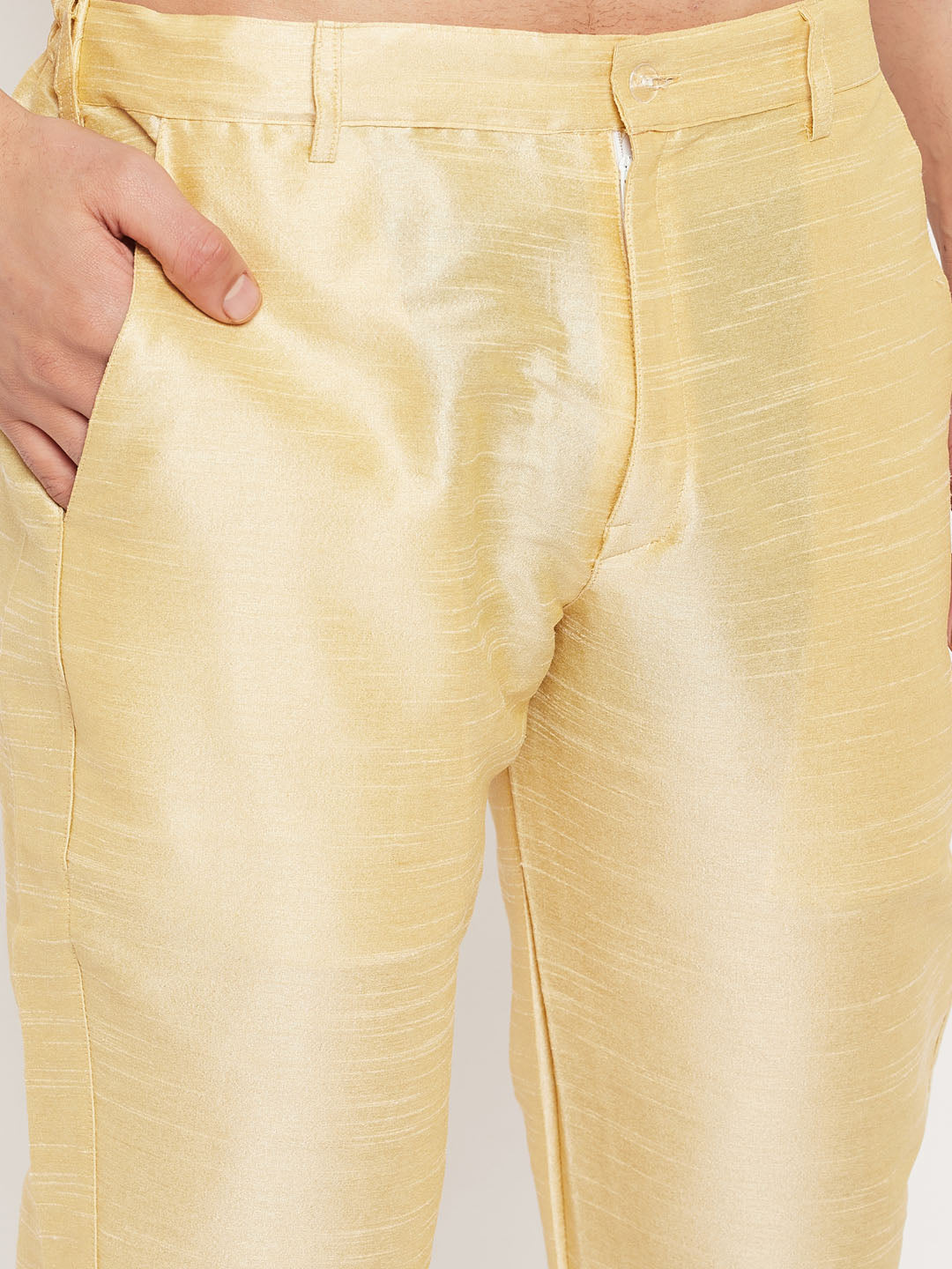 Vastramay mens gold cotton silk blend kurta and gold pant style pyjama set