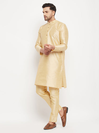 Vastramay mens gold cotton silk blend kurta and gold pant style pyjama set