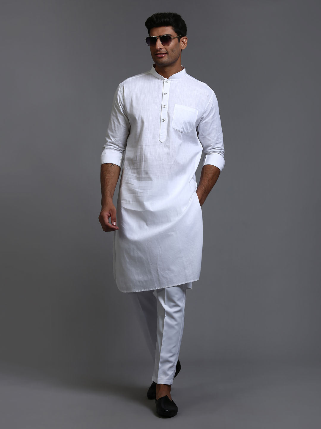 Vastramay Men's White Cotton Blend Pathani Kurta with Pant Set – PUSHMYCART