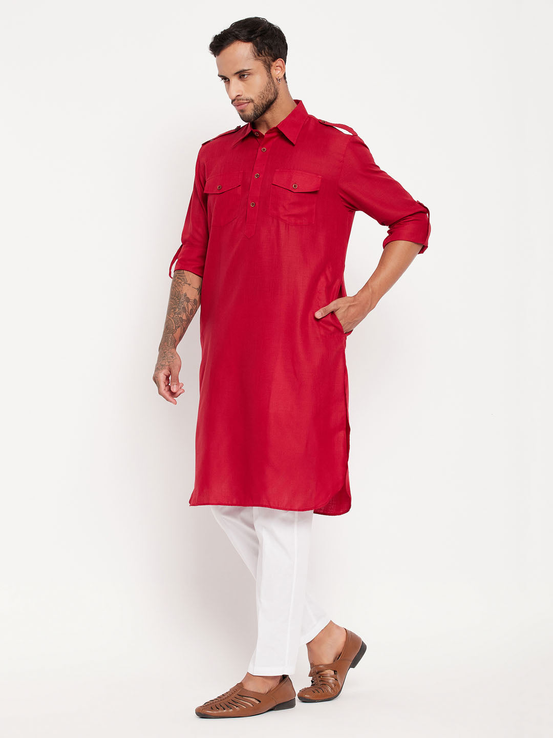 vastramay mens maroon pathani suit with white pant set