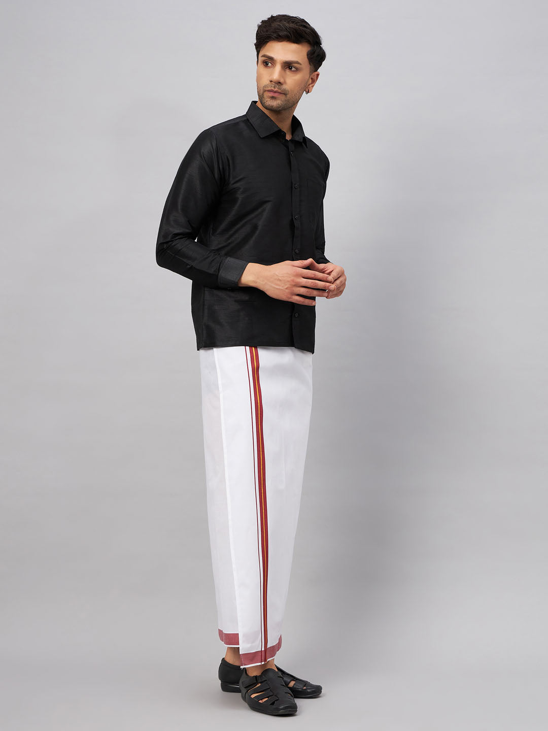Vastramay Men's Black And White Silk Blend Shirt And Mundu Set - PUSHMYCART