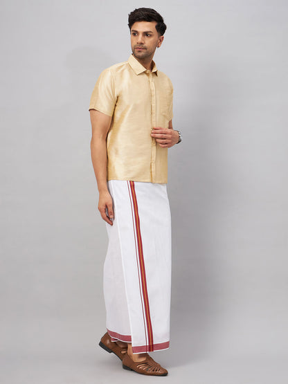 Vastramay Men's Gold And White Silk Blend Shirt And Mundu Set - PUSHMYCART