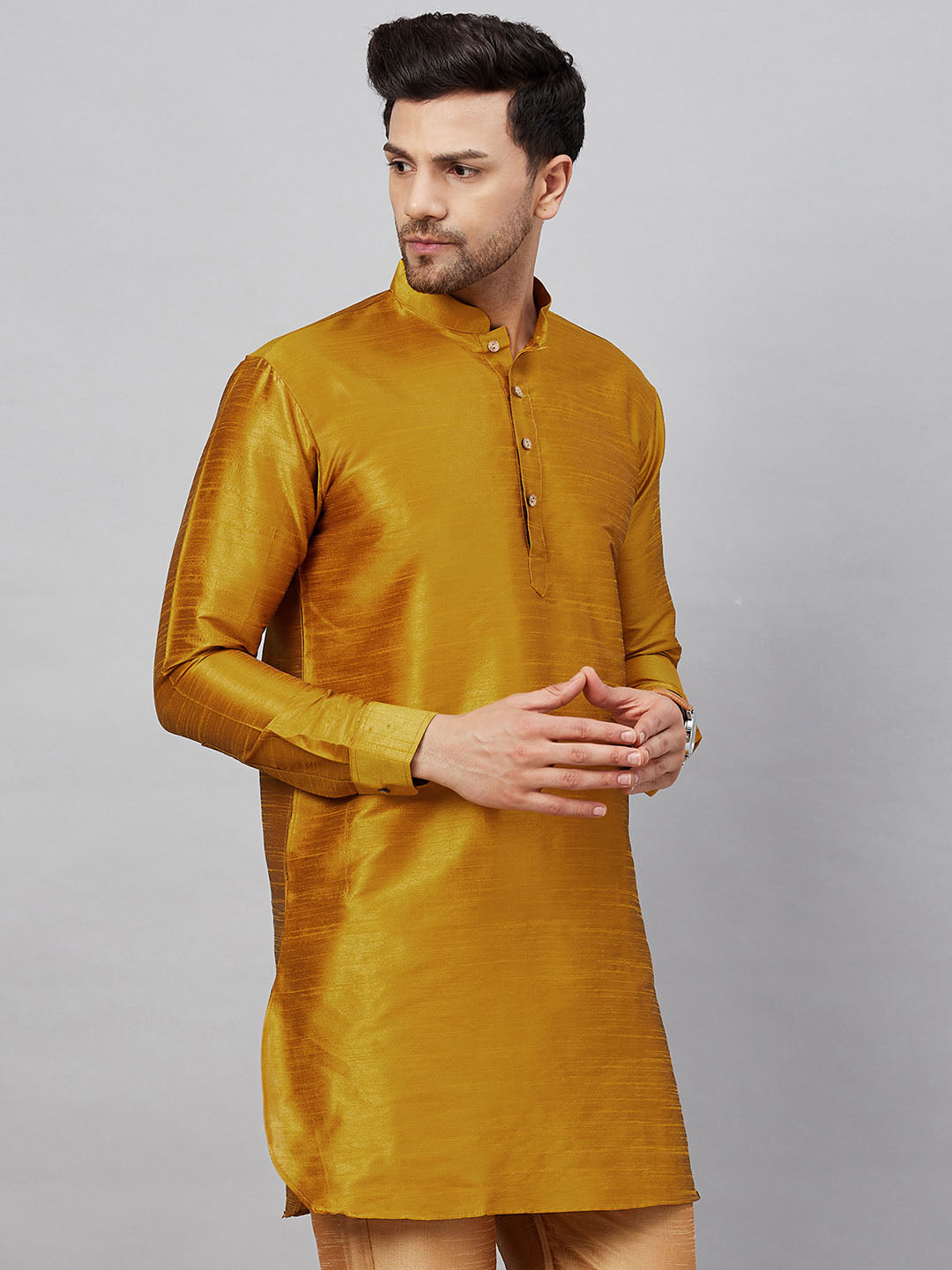 Vastramay Men's Yellow Silk Blend Curved Kurta - PUSHMYCART