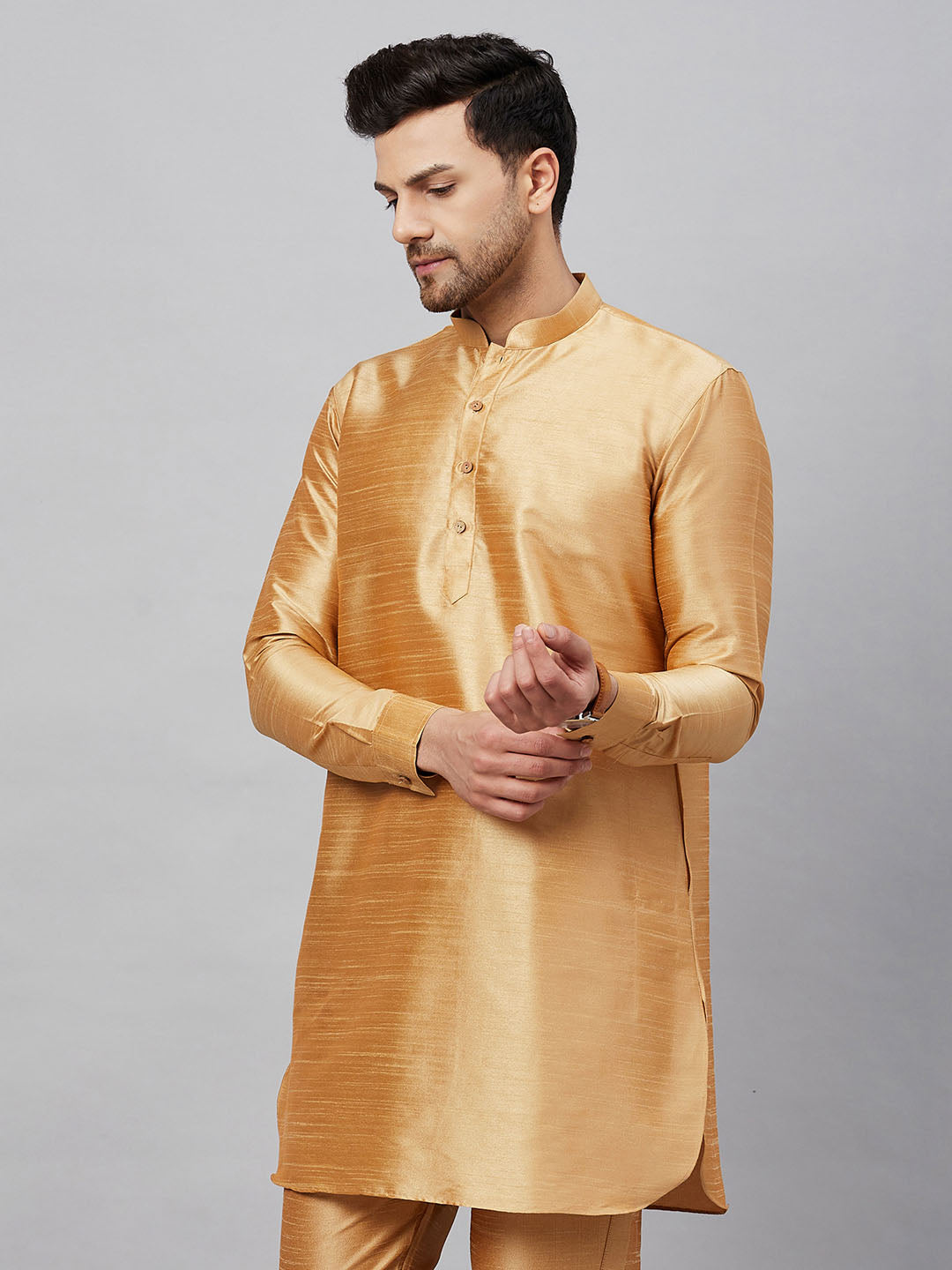 Vastramay Men's Rose Gold Silk Blend Curved Kurta - PUSHMYCART