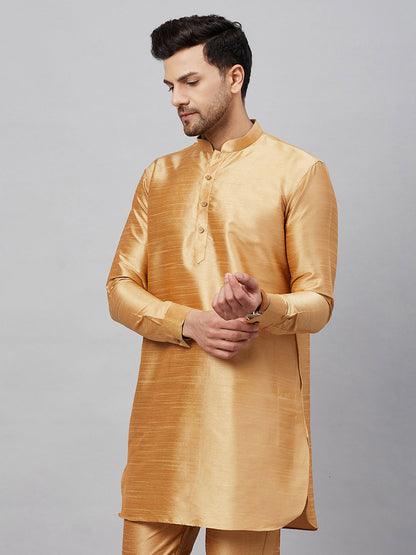 Vastramay Men's Rose Gold Silk Blend Curved Kurta - PUSHMYCART