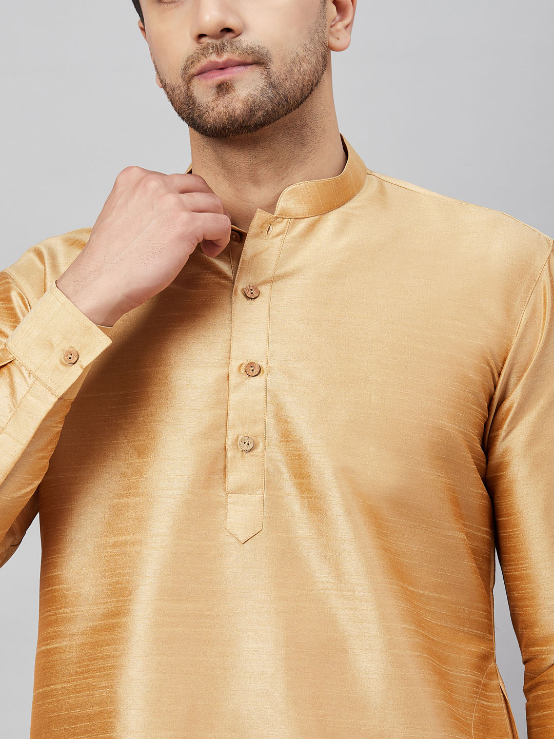 Vastramay Men's Rose Gold Silk Blend Curved Kurta - PUSHMYCART