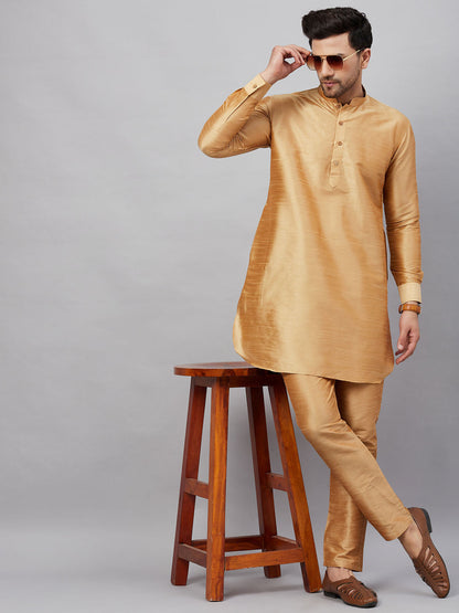 Vastramay Men's Rose Gold Silk Blend Curved Kurta - PUSHMYCART