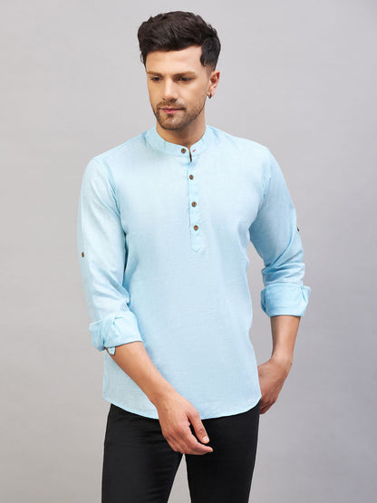 Vastramay Men's Aqua Short Cotton Kurta - PUSHMYCART