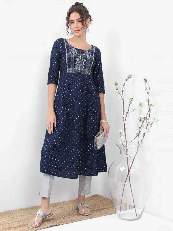 Vasthrlay Navy Blue Printed A-Line Kurtas