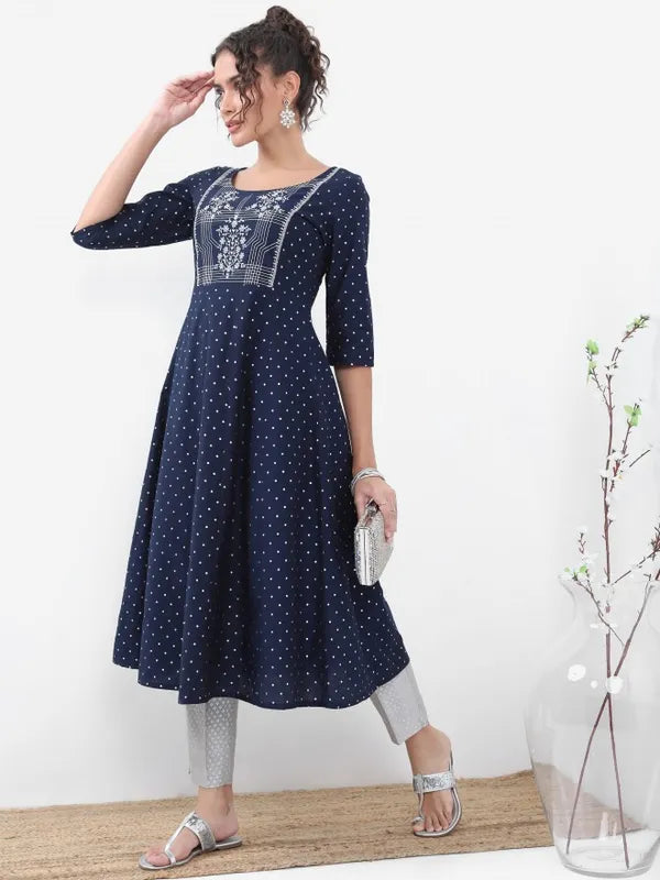 Vasthrlay Navy Blue Printed A-Line Kurtas
