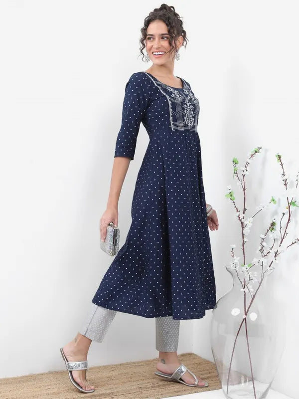 Vasthrlay Navy Blue Printed A-Line Kurtas