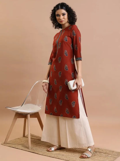 Vasthrlay Women Terracotta Printed Straight Kurtas